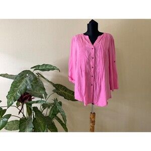 Chaus Sport Top Linen women’s M Pink Roll Tab Sleeves Button up Pin Tuck Blouse